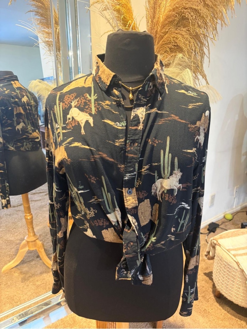 Divided Black Western Horse Print Button-Down Blouse